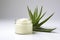 Beautiful cream bottle with beauty products aloe green leaves on white background. Natural organic skin care