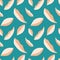 Beautiful cream and peach scattered leaves on teal background. Seamless vector pattern. Great for nature and wellbeing
