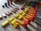 Beautiful and creative colorful wooden blocks arrangement in various shapes done by little child.