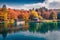 Beautiful Croatian scenery. Excursion ships on the lake. Attractive autumn view of Plitvice lake