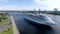 Beautiful cruise ship docked in Riga, Latvia near the old town and the bridge.