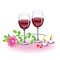 Beautiful crystal glasses with delicious red wine. Pink rose, candles and two red hearts. Romantic evening of lovers. Valentine s