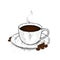 Beautiful cup and saucer. Coffee in a cup and coffee beans. Vector illustration.