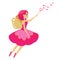 Beautiful Cupid girl spreading love dust. Winged flying fairy in pink dress flapping wand. Valentines day, romantic character. Vec