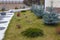 Beautiful curb appeal of a classic holiday home in Siberia with a beautiful front yard landscaping. Image of landscaping.