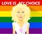 Beautiful curly blond girl with LGBT t-shirt. Gays and lesbian couple vector illustration. Slogan love is my choice and