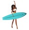 Beautiful curly tanned girl is surfing with a board to the ocean to catch