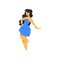 Beautiful curvy, overweight brunette girl with long hair in blue dress, plus size woman pinup model vector Illustration