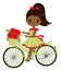 Beautiful Cute African American Girl Riding Bicycle with Basket Full of Red Poppies. Vector Young Girl with Poppies