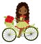 Beautiful Cute African American Girl Riding Bicycle with Basket Full of Red Poppies. Vector Young Girl with Poppies
