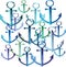 Beautiful cute bright summer sea fresh marine blue anchors different shapes and colors group watercolor