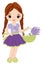 Beautiful Cute Girl Holding Basket of Lavender. Vector Redheaded Girl with Lavender