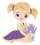 Beautiful Cute Girl Holding Bouquet of Lavender. Vector Brunette Girl with Lavender