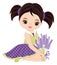 Beautiful Cute Girl Holding Bouquet of Lavender. Vector Brunette Girl with Lavender