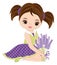Beautiful Cute Girl Holding Bouquet of Lavender. Vector Brunette Girl with Lavender