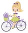 Beautiful Cute Girl Riding Bicycle with Basket of Lavender. Vector Young Girl with Lavender.