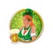 Beautiful, cute Irish girl with a beer glass in hand. Round stickers for Irish pub