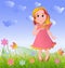 Beautiful, cute, little fairy girl with a butterfly in hand on summer meadow vector illustration