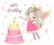 Beautiful, cute, little fairy girl Princess with big cake and inscription Happy Birthday. Vector illustration.