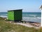 Beautiful cute little wooden beach huts summer houses, painted in lively colors, Aero Island, South Funen, Denmark