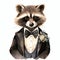 beautiful Cute Raccoon in Tuxedo nursery watercolor with clothes clipart illustration