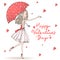 Beautiful, cute, romantic girl in love with umbrella in the background with hearts and words Happy Valentine`s day.