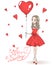 Beautiful, cute, romantic girl in love with umbrella in the background with hearts and words Happy Valentine`s day.