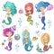 Beautiful cute sirens mermaids set with sea elements. Siren mermaid color line hand drawn vector illustration.
