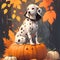 Beautiful Dalmatian sitting on some pumpkins. Dog in a witch costume, pumpkin in paw. Postcard for pet lovers.