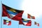 Beautiful day of flag 3d illustration - 5 flags of Antigua and Barbuda are waving against blue sky image with soft focus