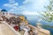Beautiful day on popular Santorini island resort