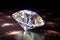 Beautiful dazzling diamond on dark background, close-up. Faceted gemstone, concept of jewelry, luxury. Image is AI generated