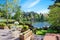 Beautiful deck near lake with spring landscape.