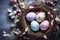 Beautiful decorated Easter eggs in a nest. Spring holiday