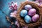 Beautiful decorated Easter eggs in a nest. Spring holiday