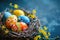 Beautiful decorated Easter eggs in a nest. Spring holiday