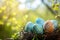 Beautiful decorated Easter eggs in a nest. Spring holiday