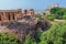 Beautiful decorated garden of Jaswant Thada cenotaph, Jodhpur, Rajasthan, India. Distant view of Mehrangarh fort. Garden has