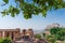 Beautiful decorated garden of Jaswant Thada cenotaph, Jodhpur, Rajasthan, India. Distant view of Mehrangarh fort. Garden has