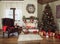 Beautiful decorated living room with a christmas tree and a fire place