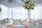 Beautiful decorated wedding restaurant for marriage. Colorful decoration for celebration. Beauty bridal interior