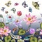 Beautiful decorative japanese carp koi fish Cyprinus carpio and lotus flowers,butterflies. Seamless border. Watercolor painting