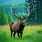 A beautiful deer with big horns stands at the edge of the forest in the early morning