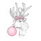 A beautiful deer with a bow blows a bubble of gum.