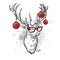 Beautiful deer with Christmas balls on the glasses.
