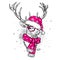 Beautiful deer in Christmas hat, scarf and glasses.