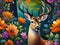 A beautiful deer in half body portrait with colorful wild flowers in a stunning forest, animal, plant, wallart design