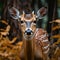 A beautiful deer stands in the lush forest