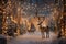 the beautiful deer walk through the festively decorated New Year\\\'s yard