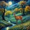 A beautiful deer in a whimsical valley, with moonlit night, twinkling stars, small river, flowers, spring tree, Van Gogh, painting